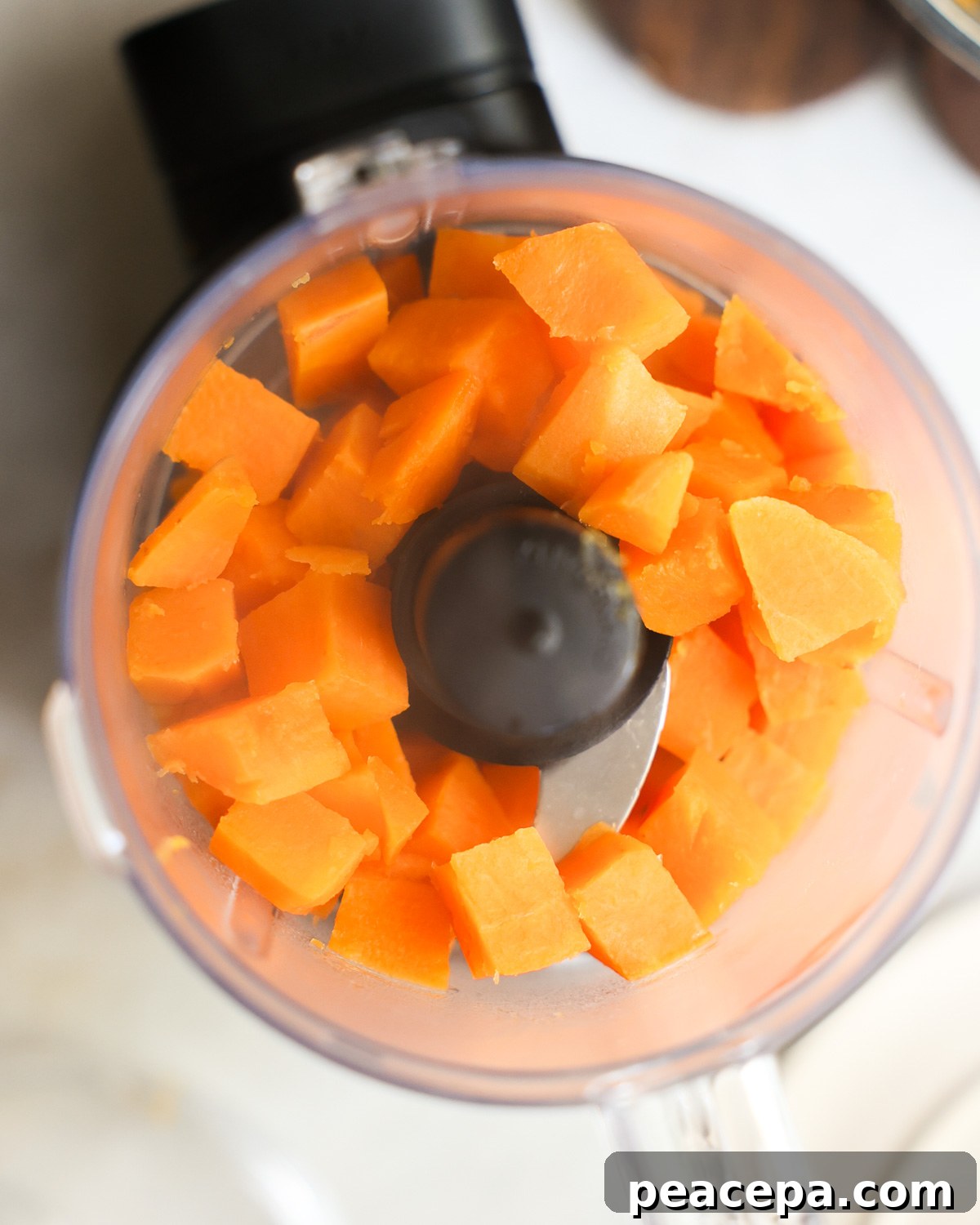 steamed sweet potato in a food processor