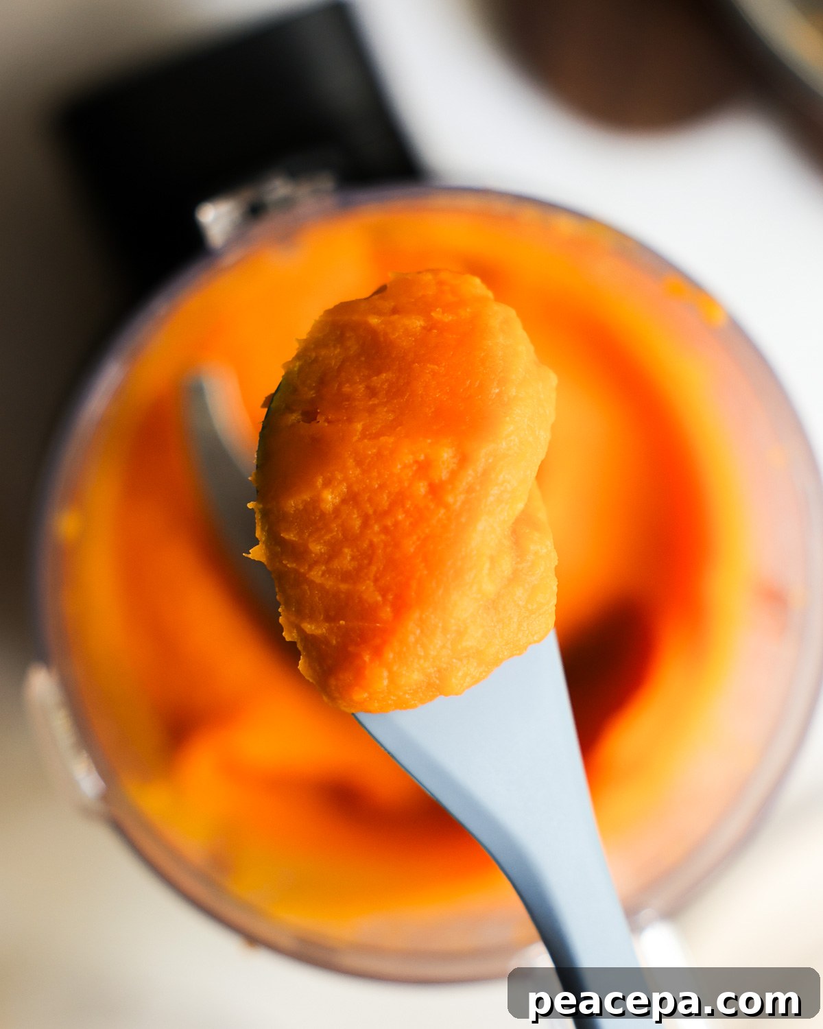 overhead of sweet potato puree on a spatula