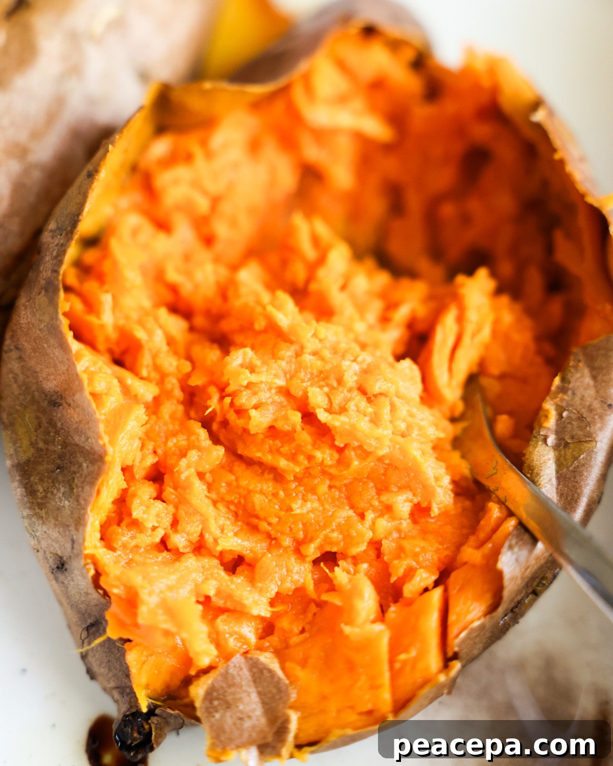 close up of the inside of a baked sweet potato