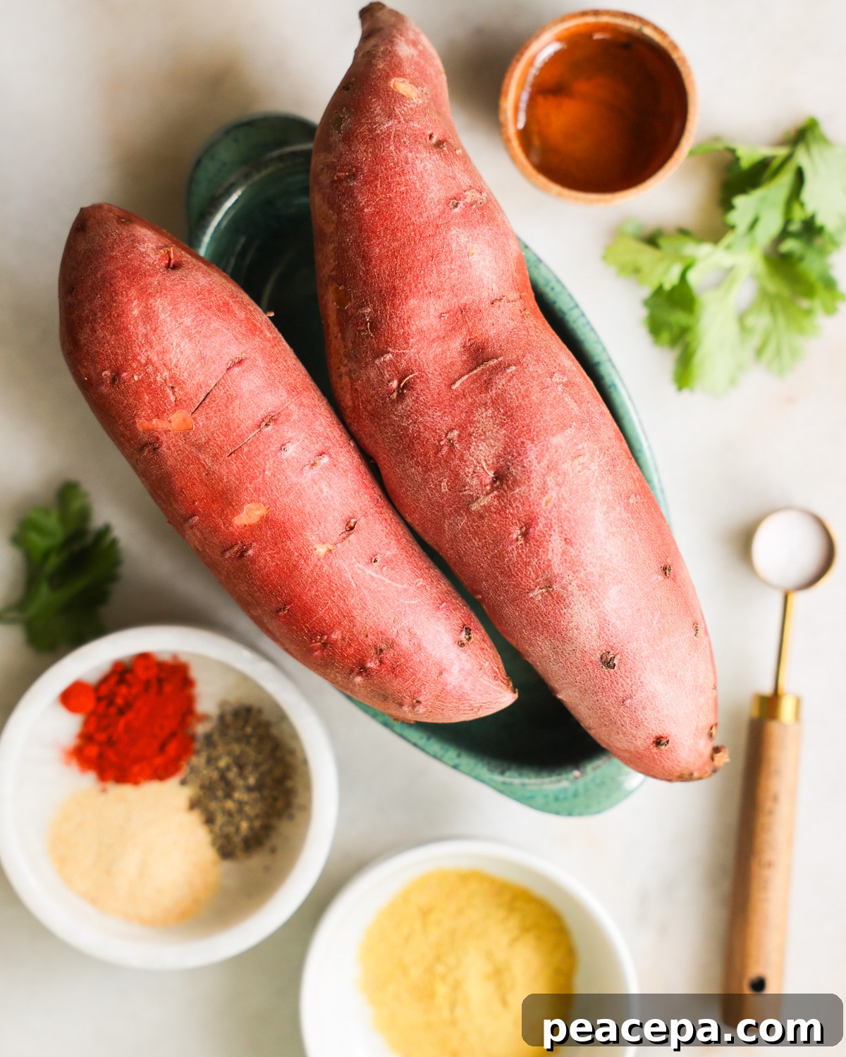 overhead of sweet potato wedges ingredients