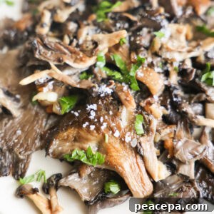 close up of Pan-Fried Oyster Mushrooms on plate