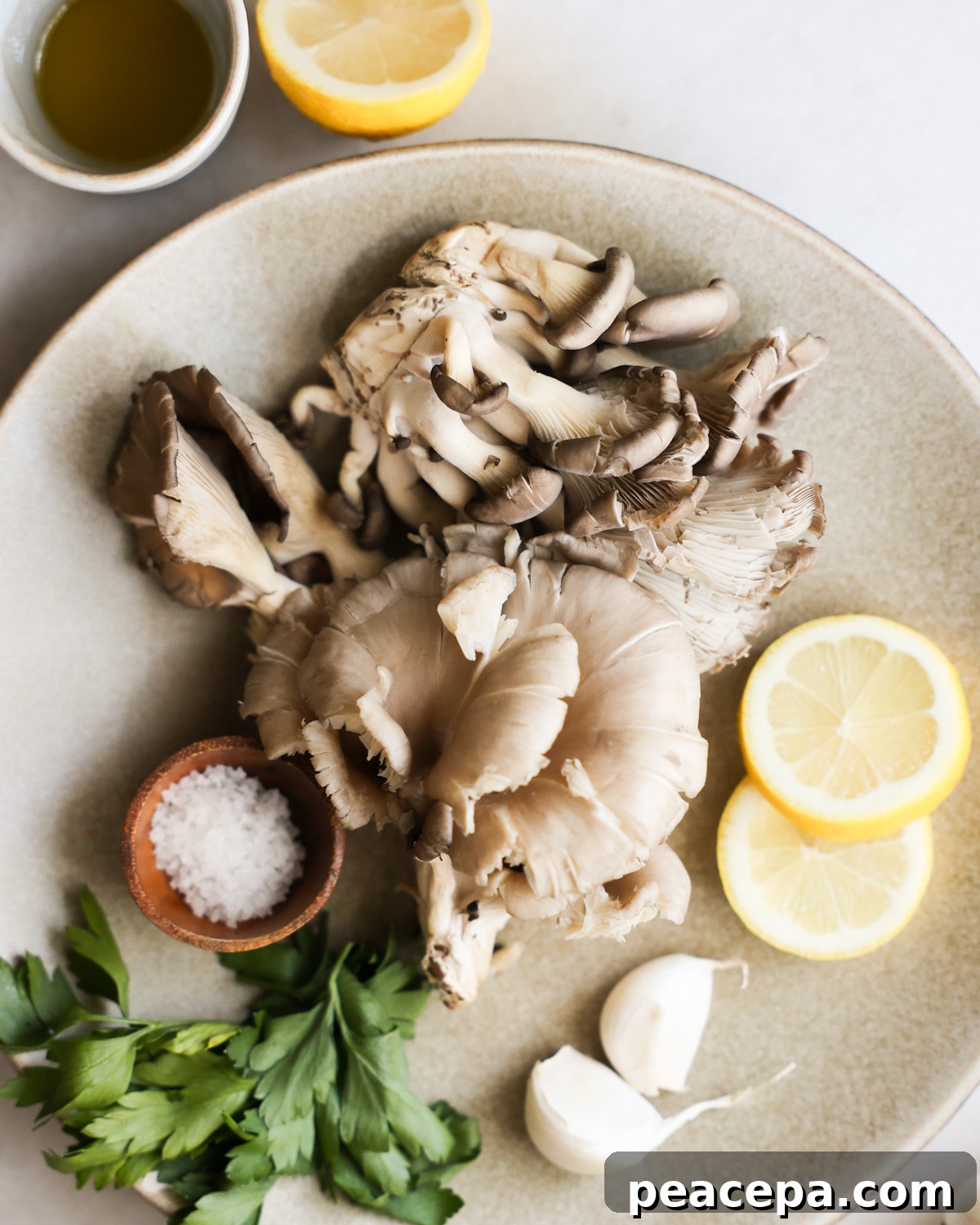 overhead of pan-fried oyster mushroom ingredients 