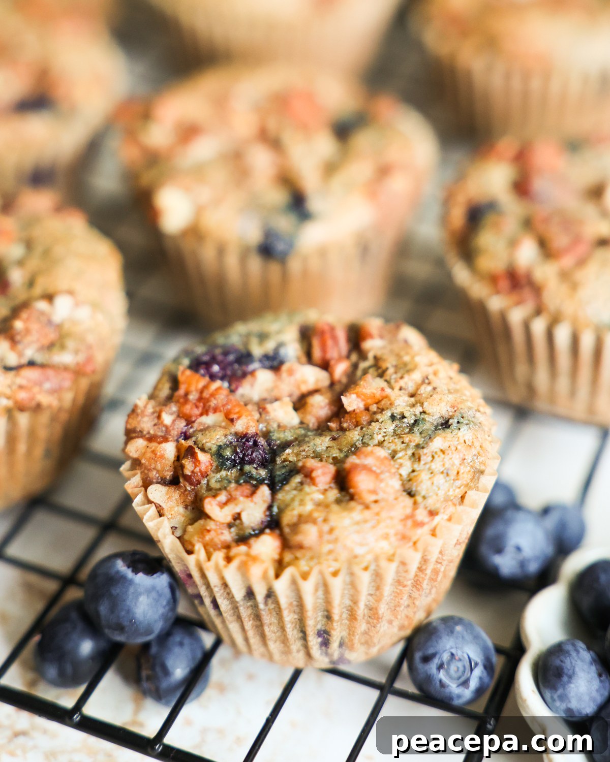 An uplose shot of vegan blueberry muffins on a cooling rack.