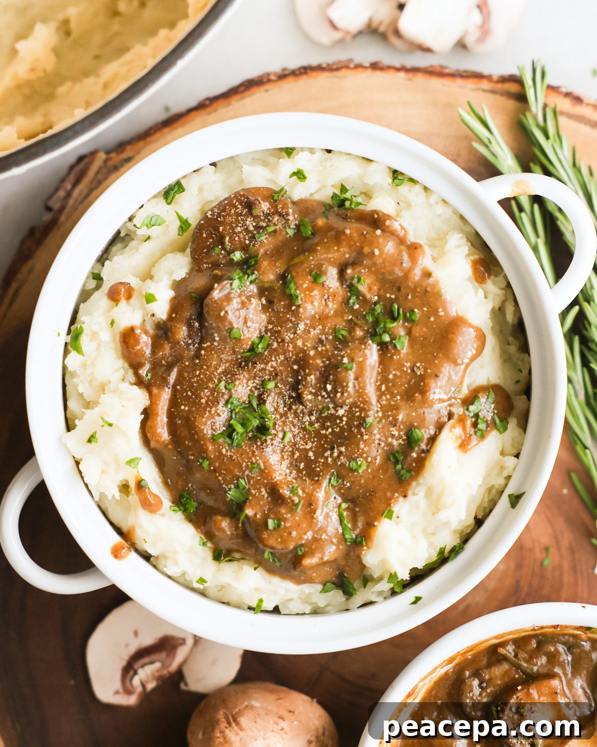 overhead of vegan mashed potatoes and gravy