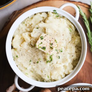 overhead of vegan mashed potatoes with mushroom gravy