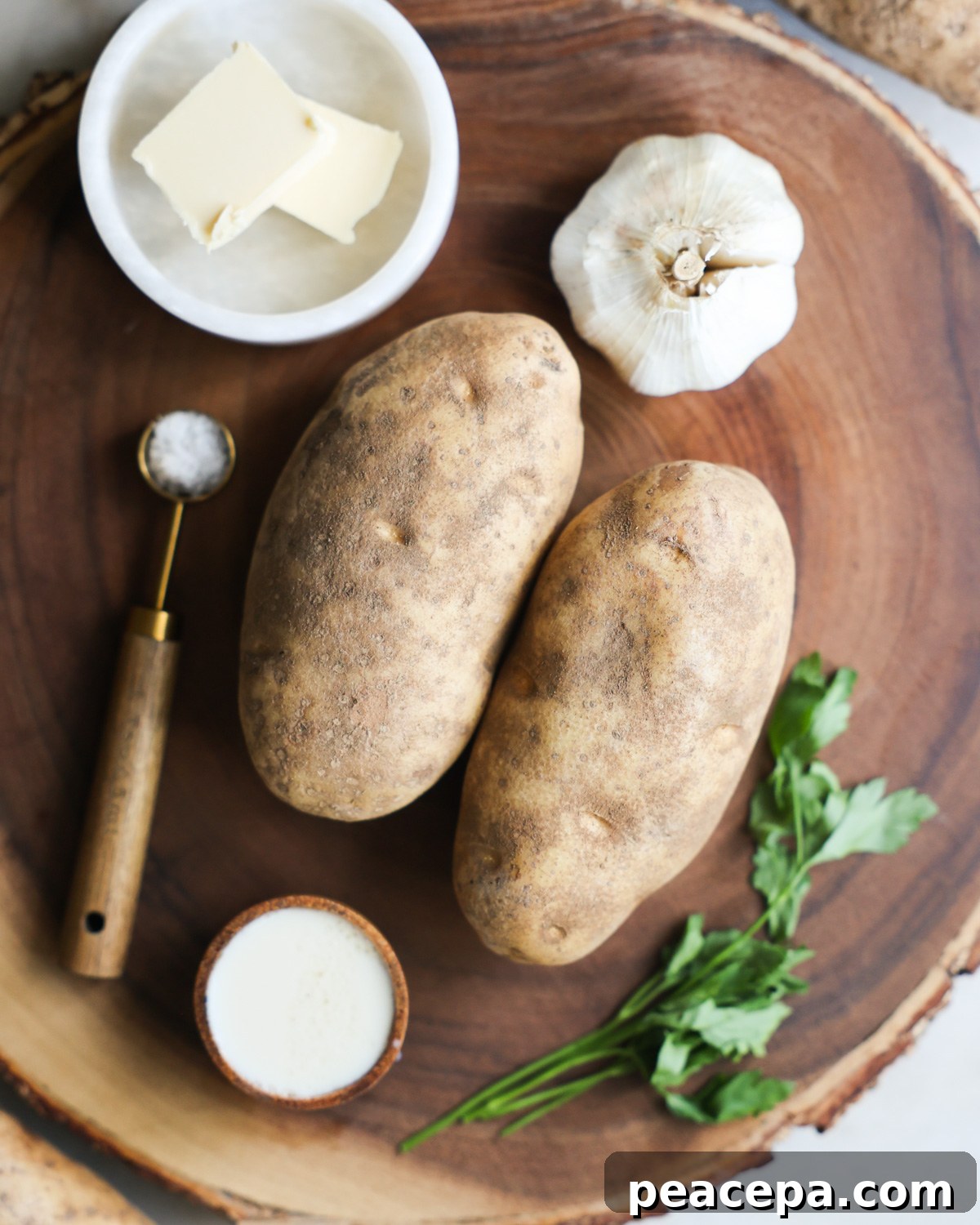 An overhead shot of the ingredients for vegan mashed potatoes. 