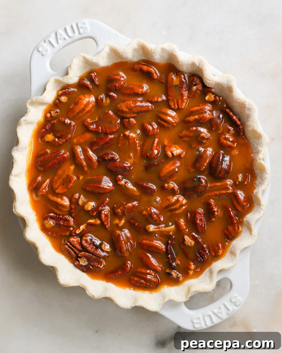 overhead unbaked pecan pie