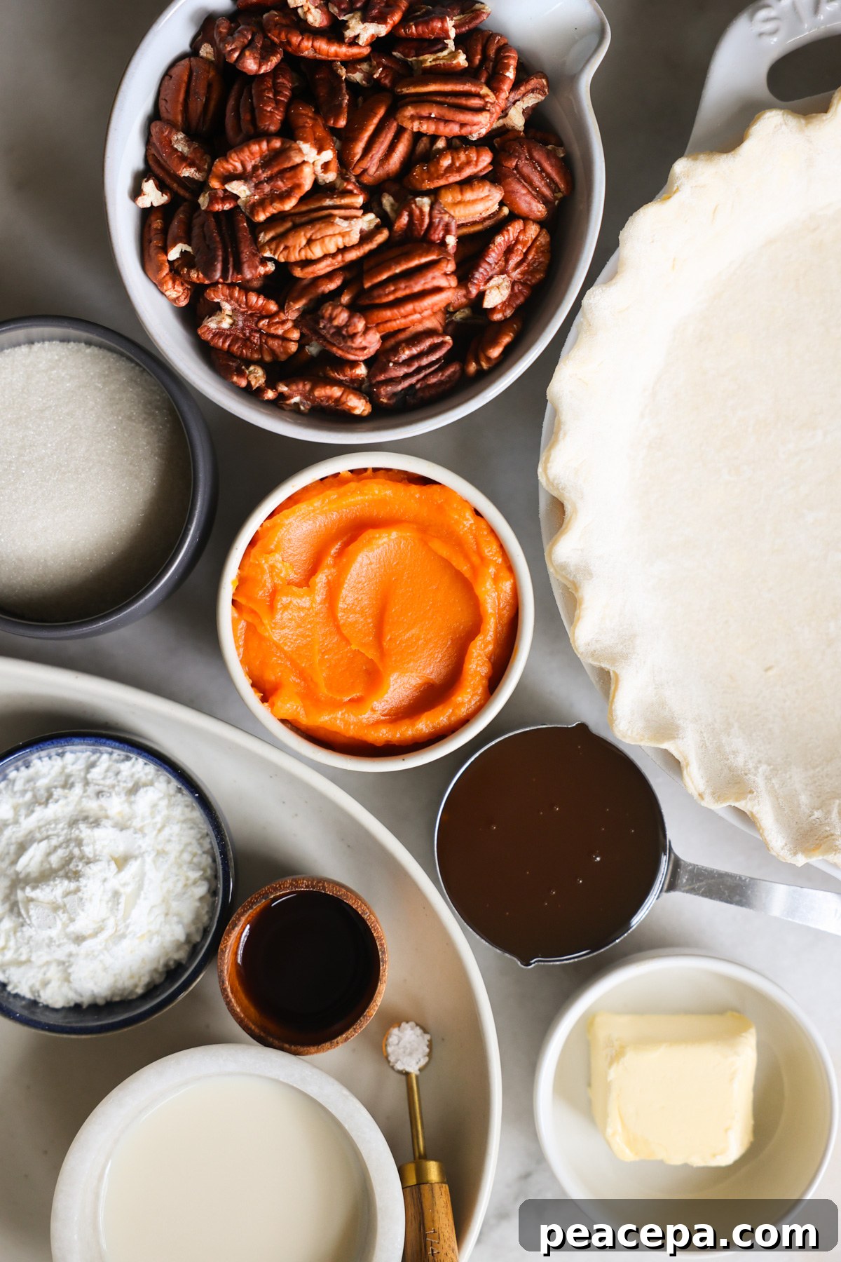 vegan pecan pie ingredients overhead