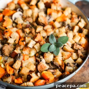 sourdough stuffing in skillet