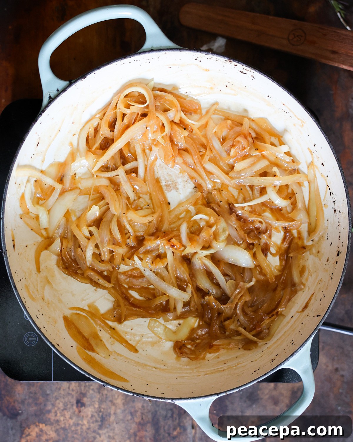 Caramelized onions in a pan.