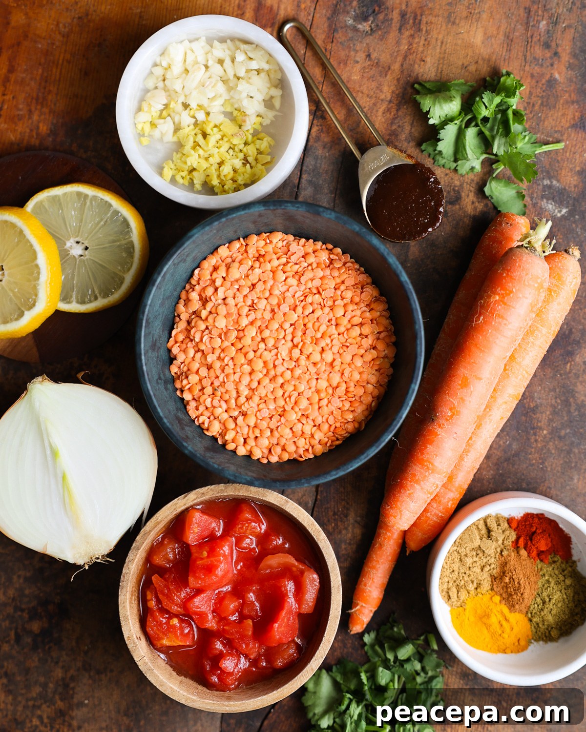 overhead red lentil soup ingredients