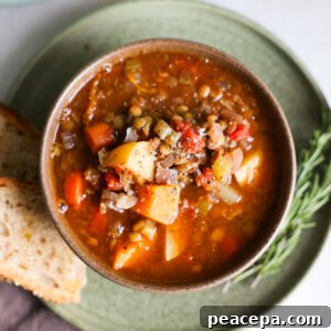 An close-up overhead shot of a small brown cup of the butternut squash and lentil soup with toasted sourdough bread and sprigs of rosemary.