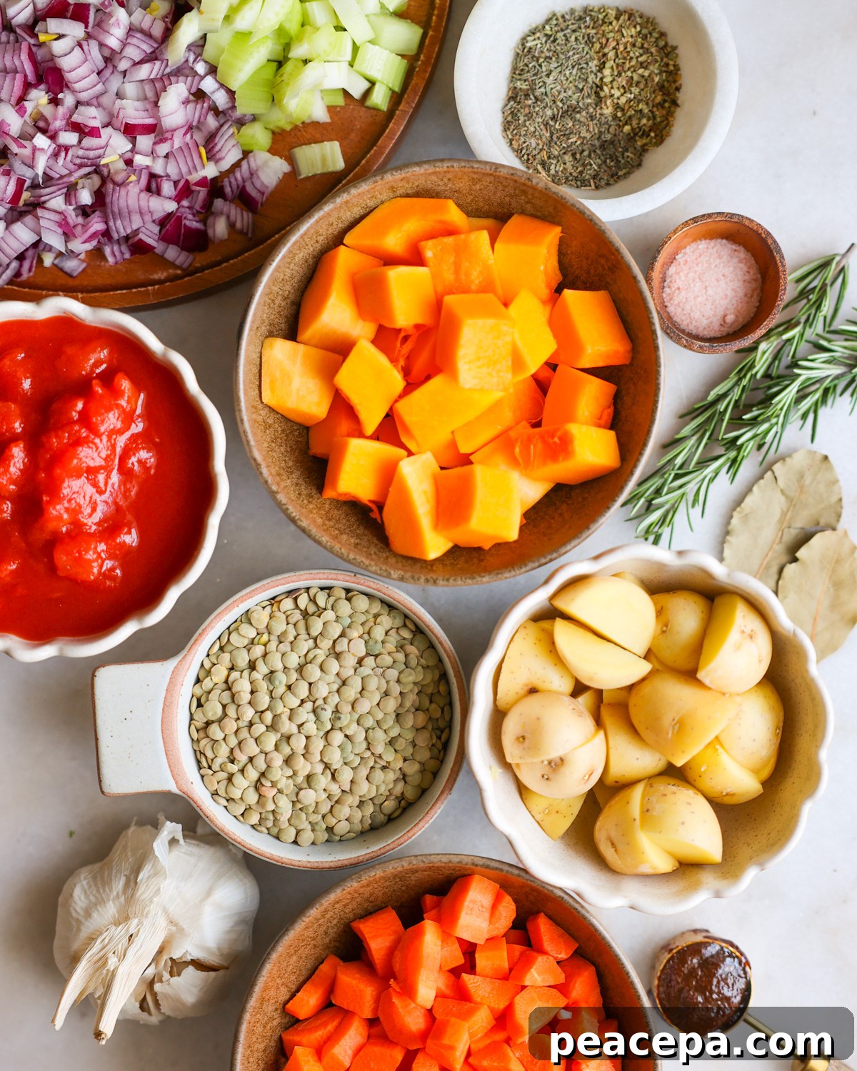 An overhead shot of the ingredients for butternut squash lentil soup.