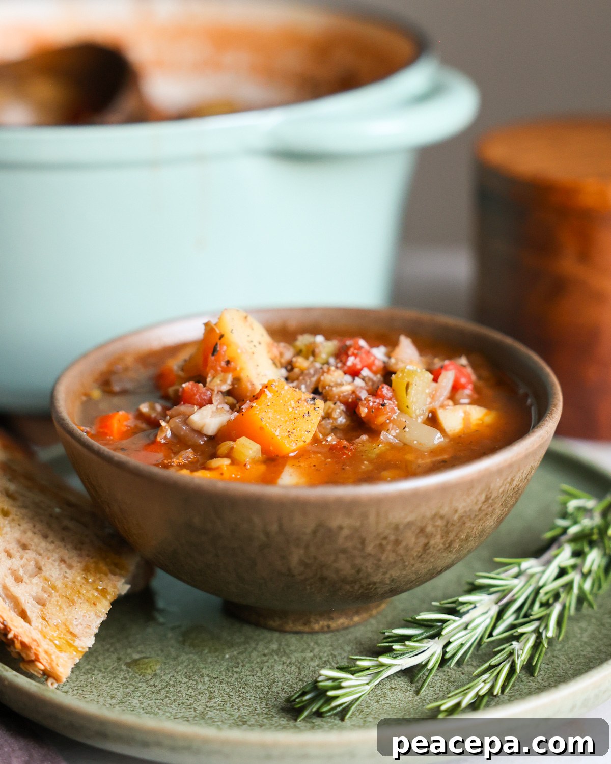 A close-up side shot of a small brown cup of butternut squash and lentil soup on a plate with toasted sourdough bread and rosemary sprigs.