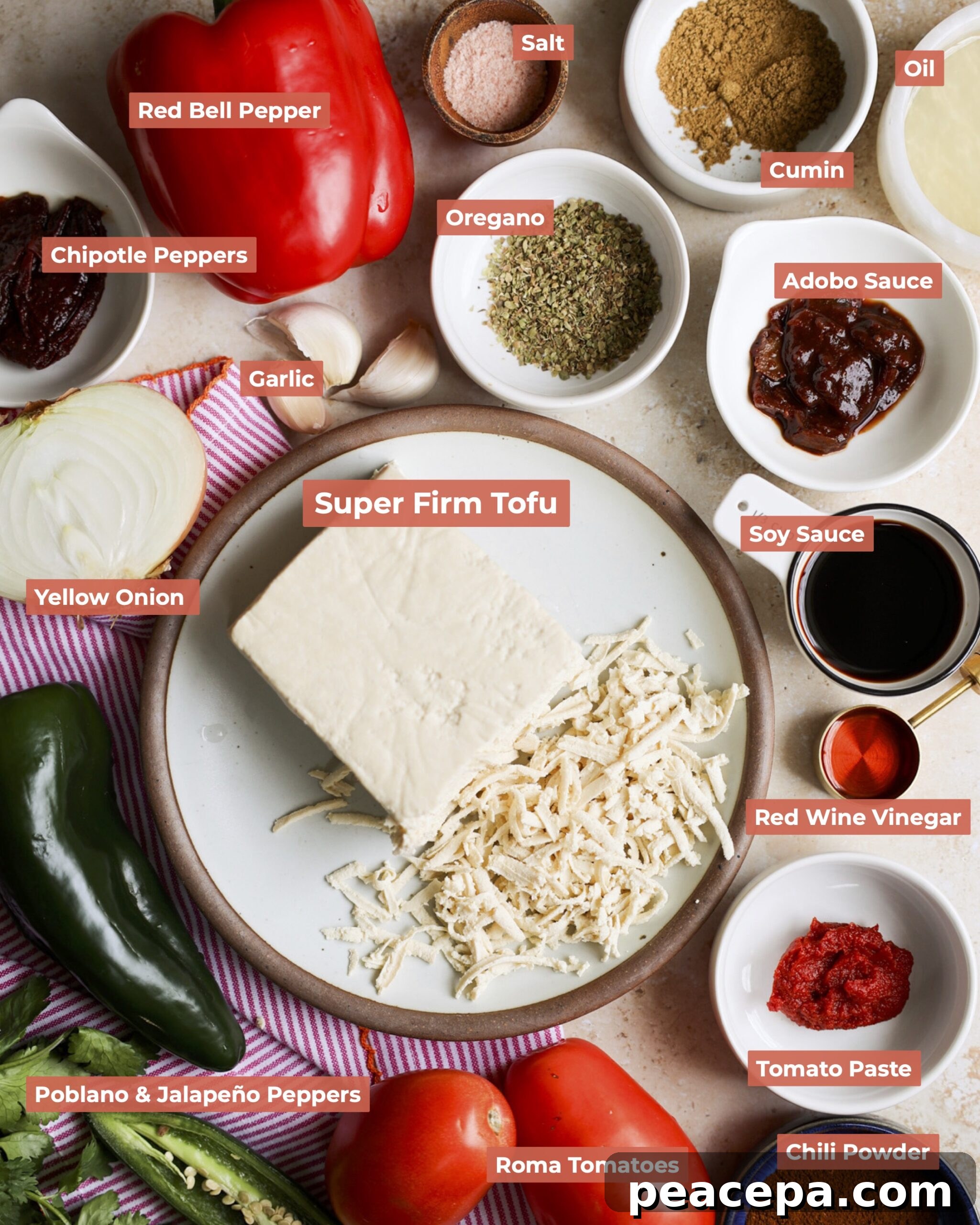 Labeled ingredients for sofritas. 