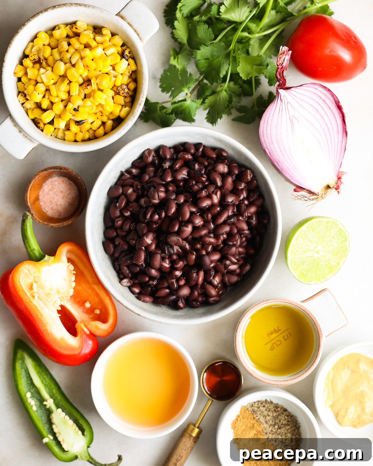 The black bean and corn salad ingredients on the counter.