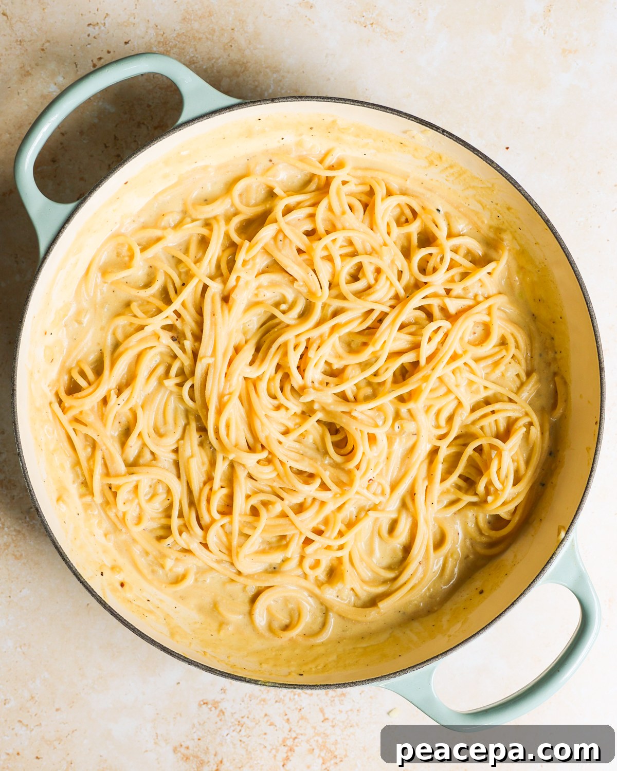 overhead pasta in carbonara sauce