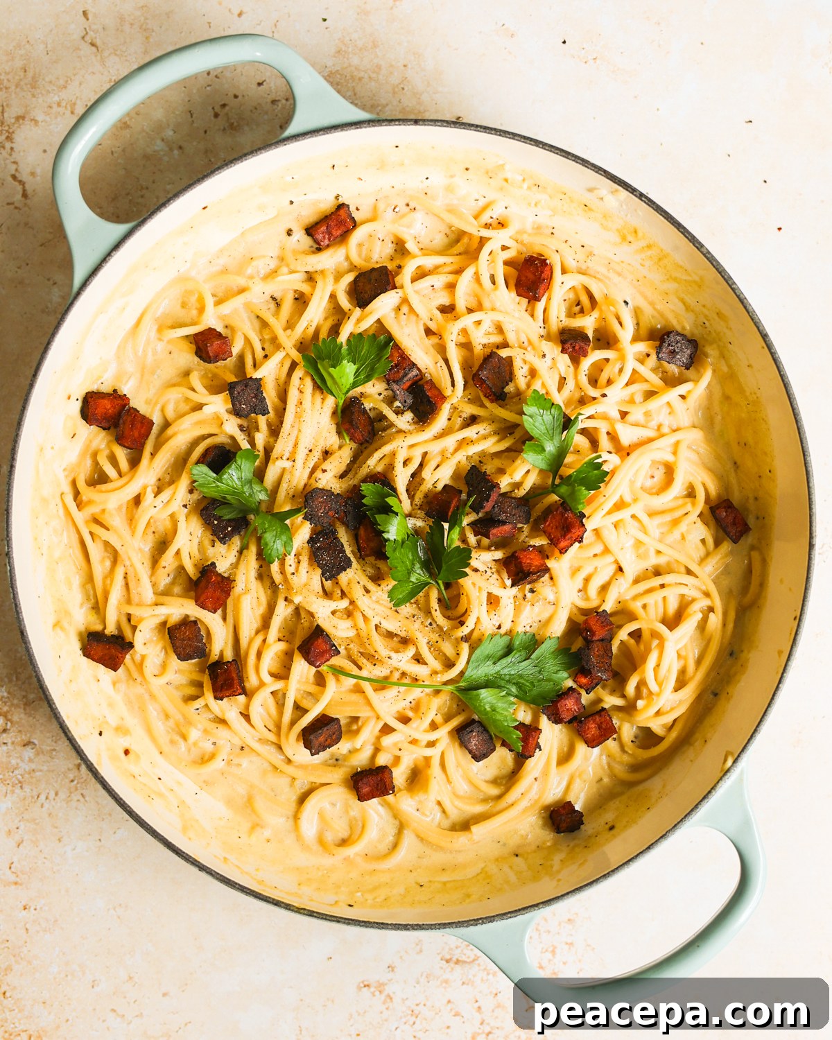 overhead Vegan Carbonara in pan