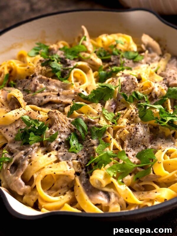 close up of vegan mushroom alfredo in pan