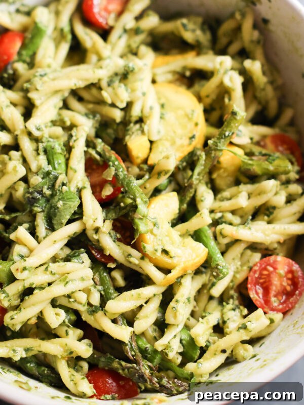 vegan pasta salad in white bowl