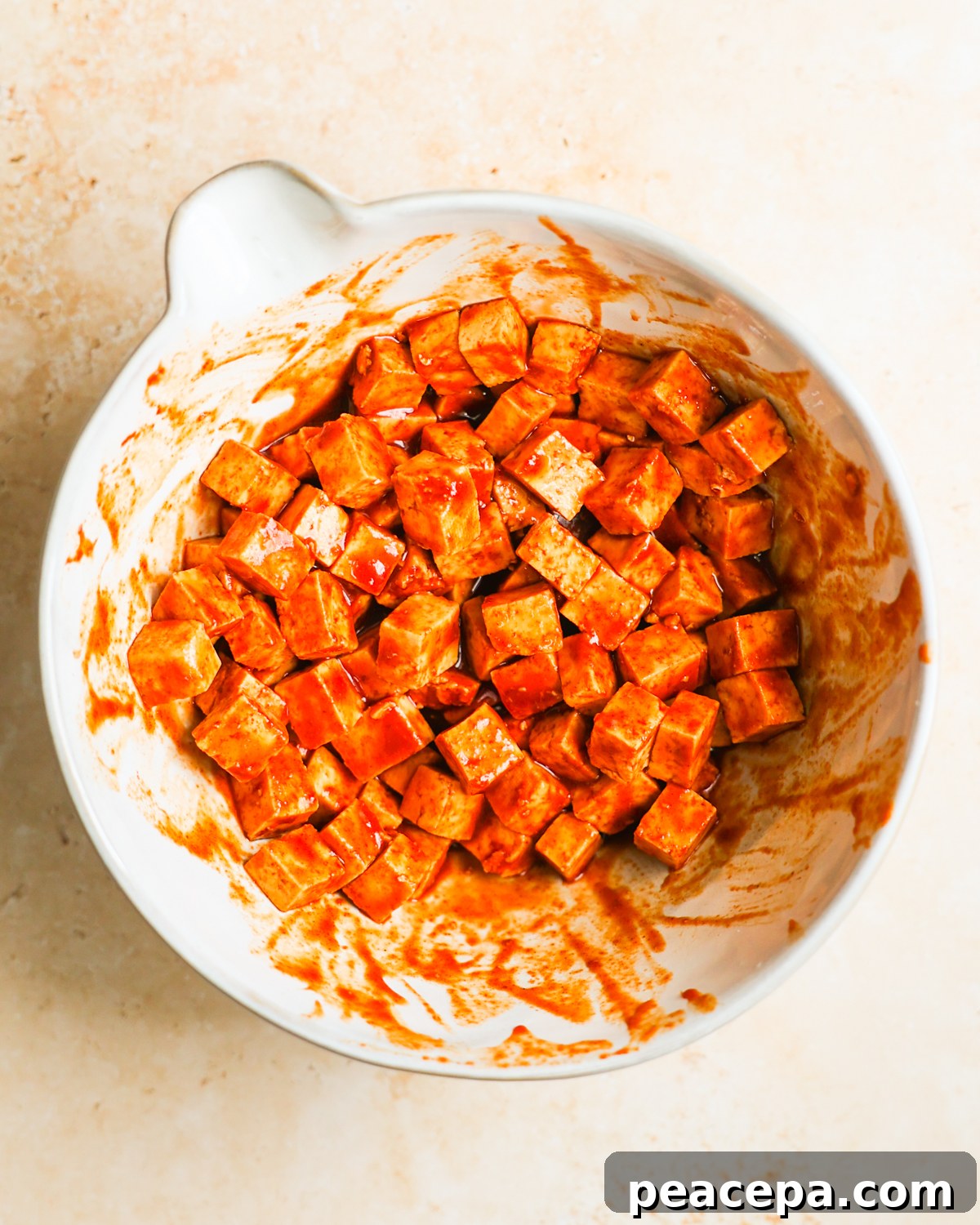 overhead marinated smoky tofu on bowl