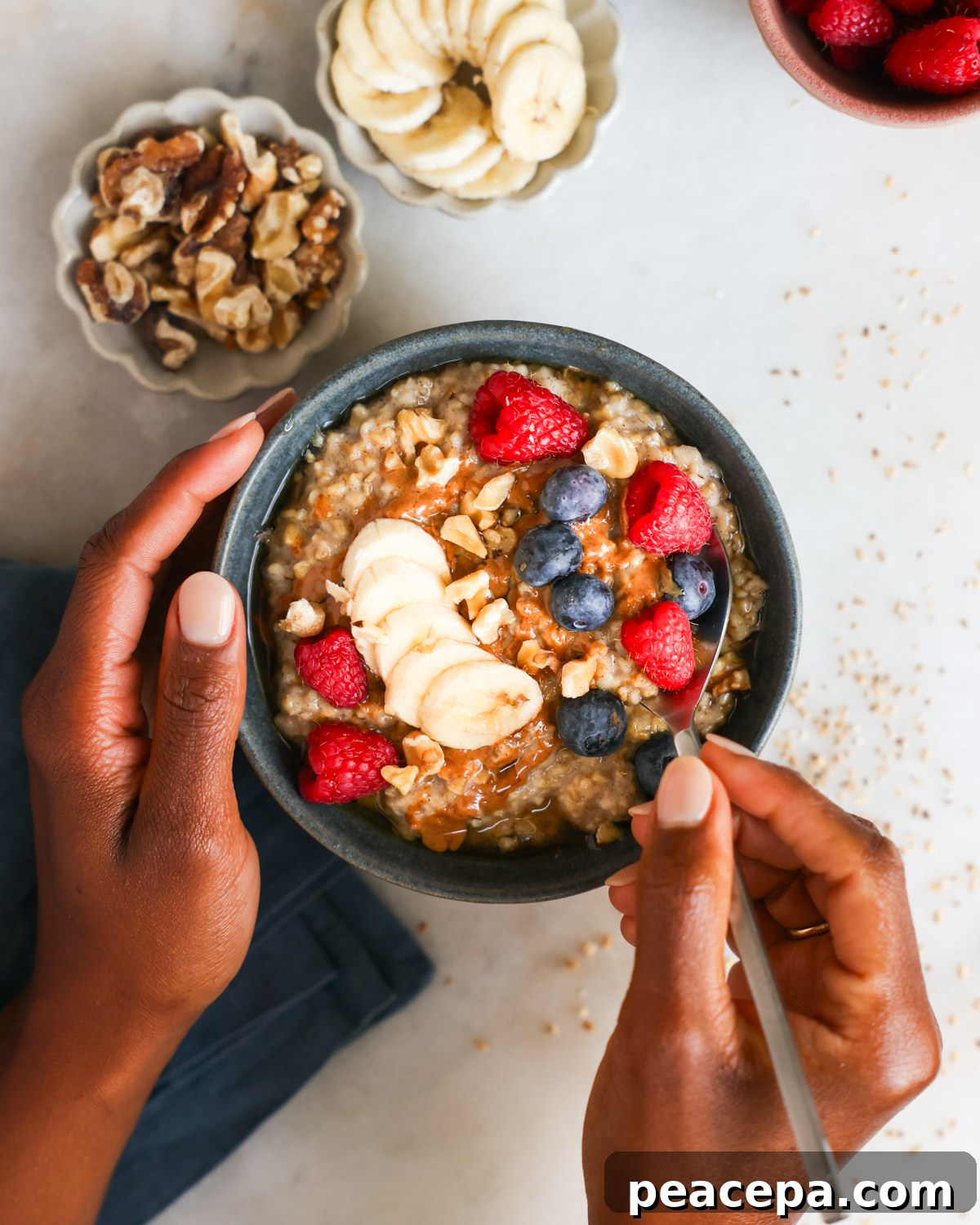 overhead of steel cut oats with spoon