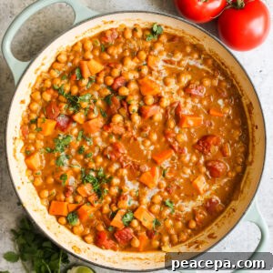 Chickpea curry in pan.