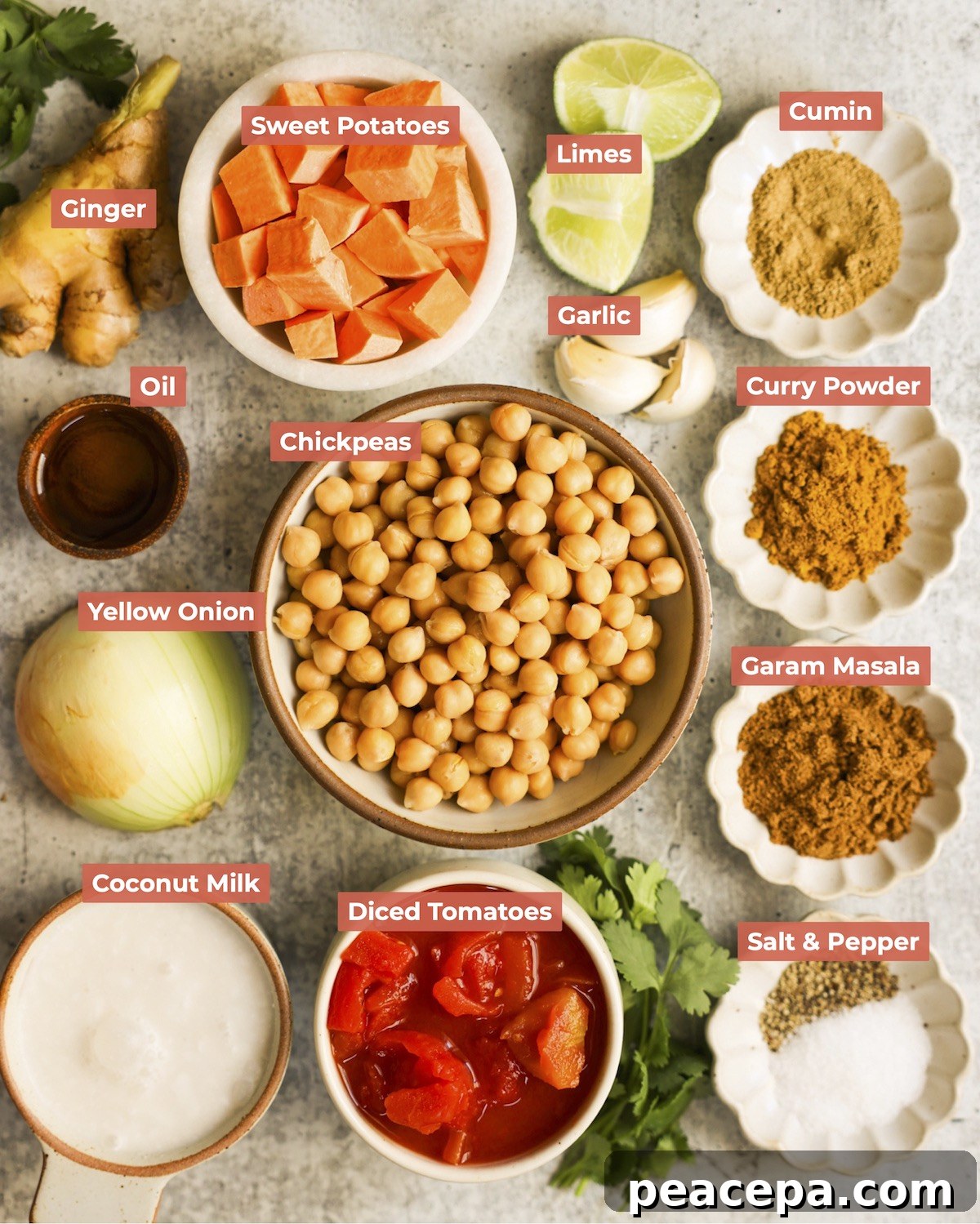 Sweet potato curry ingredients.