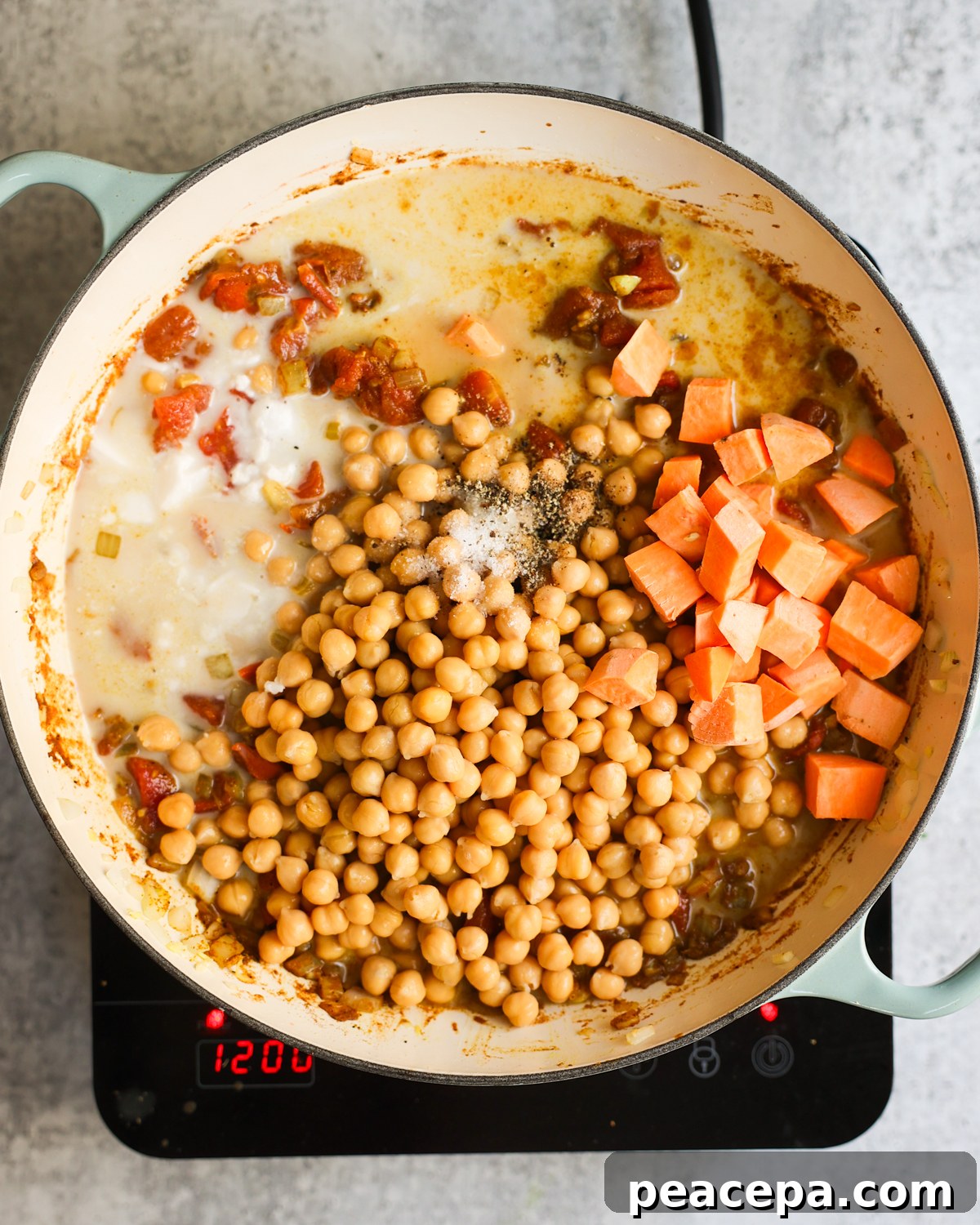 Curry ingredients in the skillet.