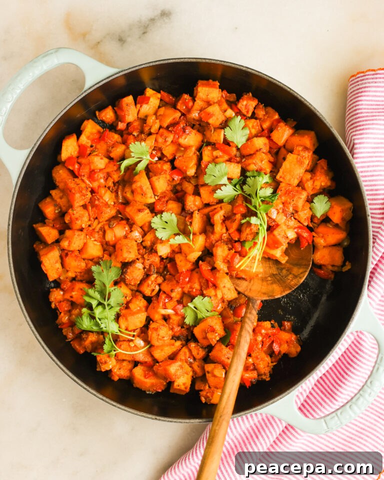 overhead sweet potato hash in pan