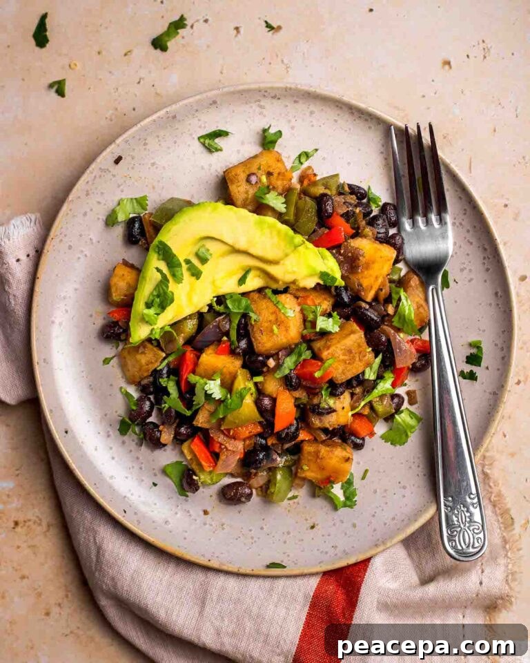 overhead of sweet potato breakfast hash on plate
