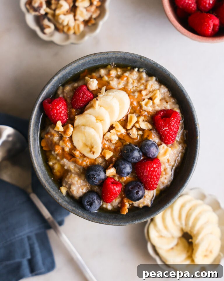 overhead steel cut oats with fruit topping