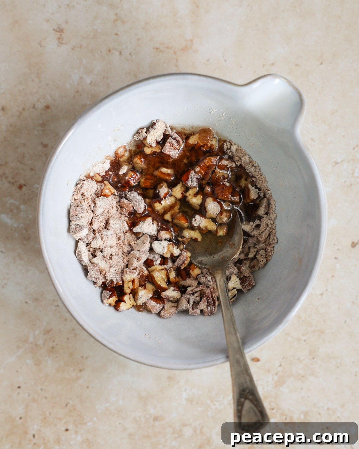 overhead of streusel topping in bowl