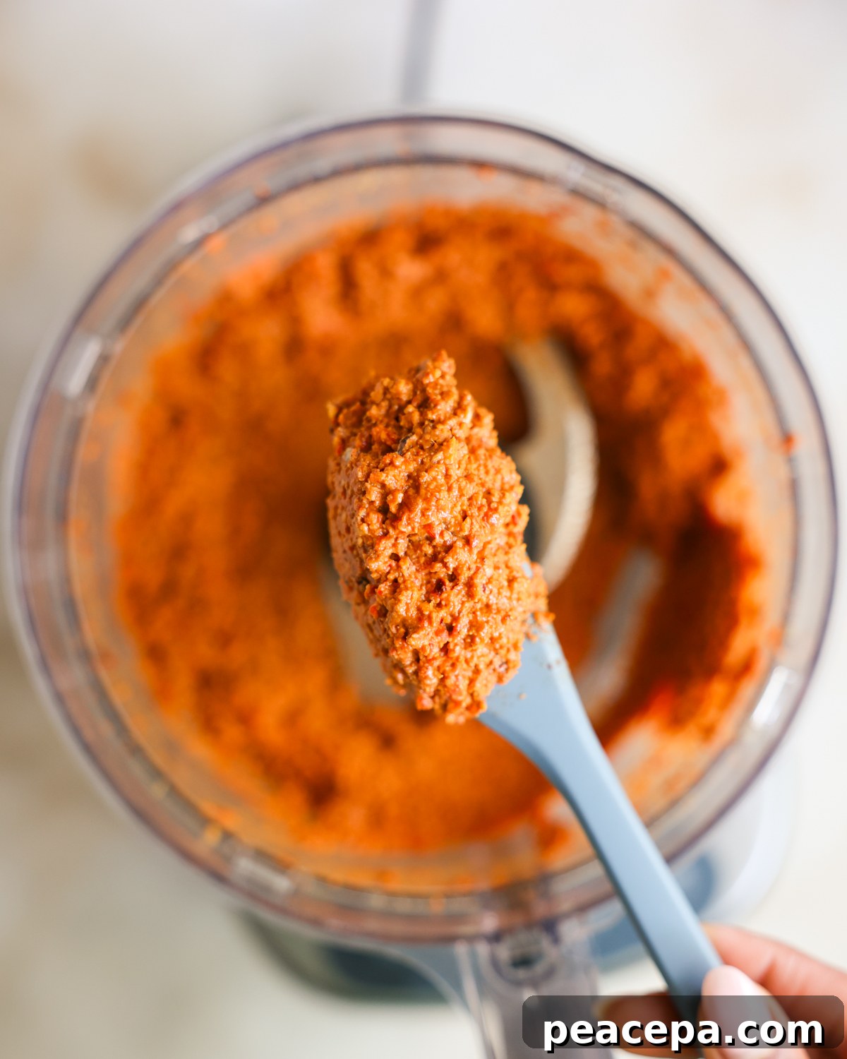 overhead muhammara on spatula