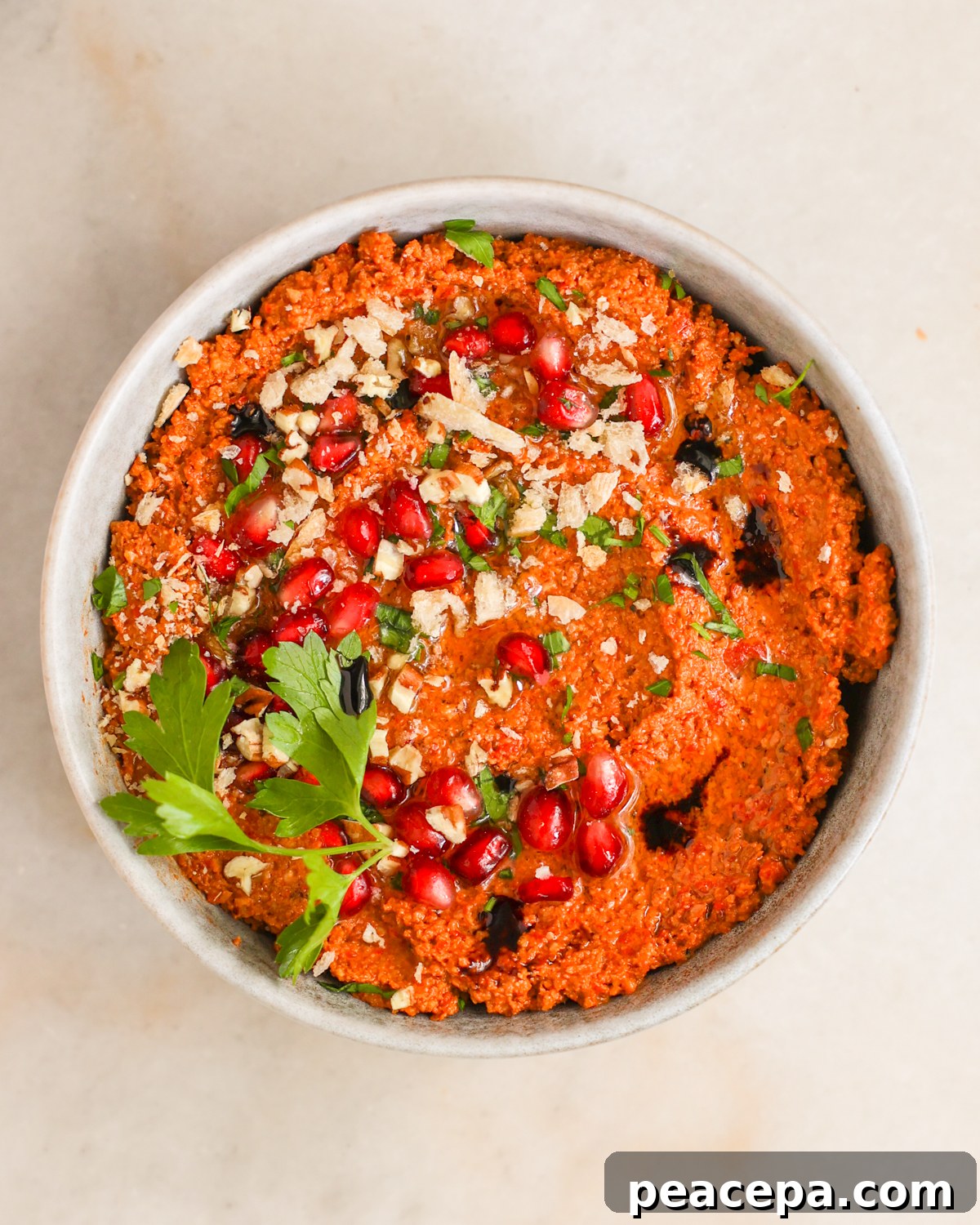 overhead garnished muhammara in bowl