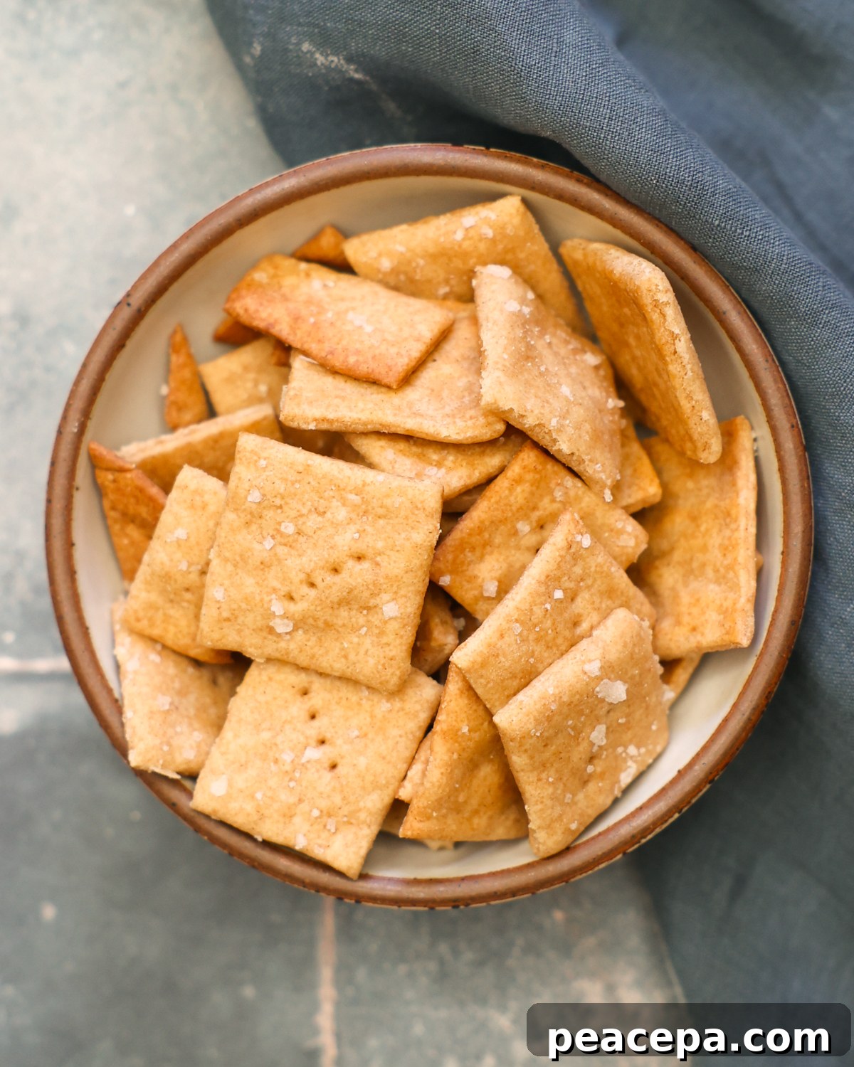 overhead sourdough crackers in bowl
