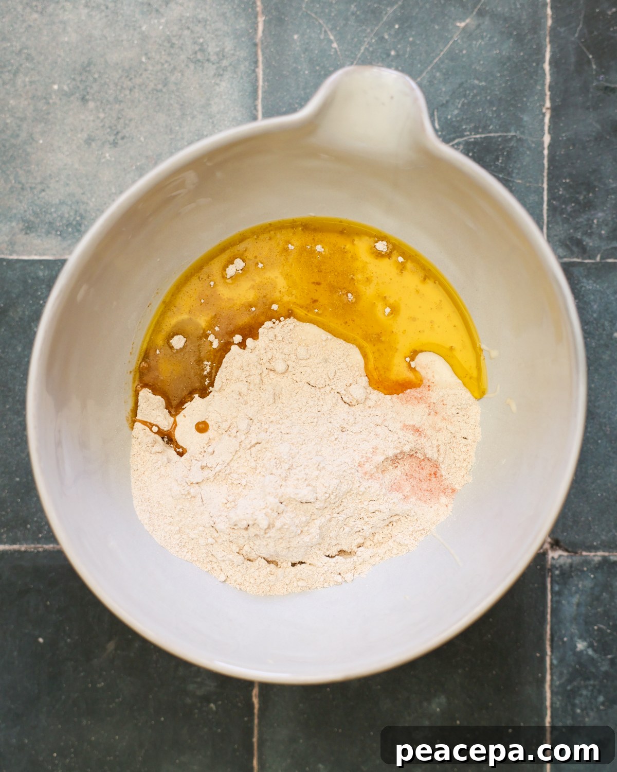 overhead ingredients in mixing bowl