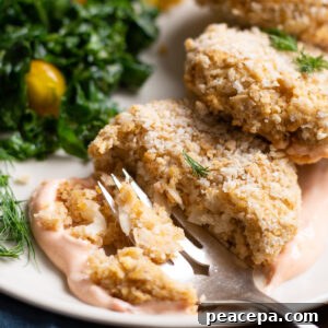 Closeup on inner flaky texture of vegan crab cakes