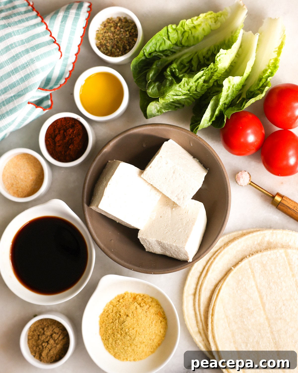 overhead of ingredients for tofu tacos