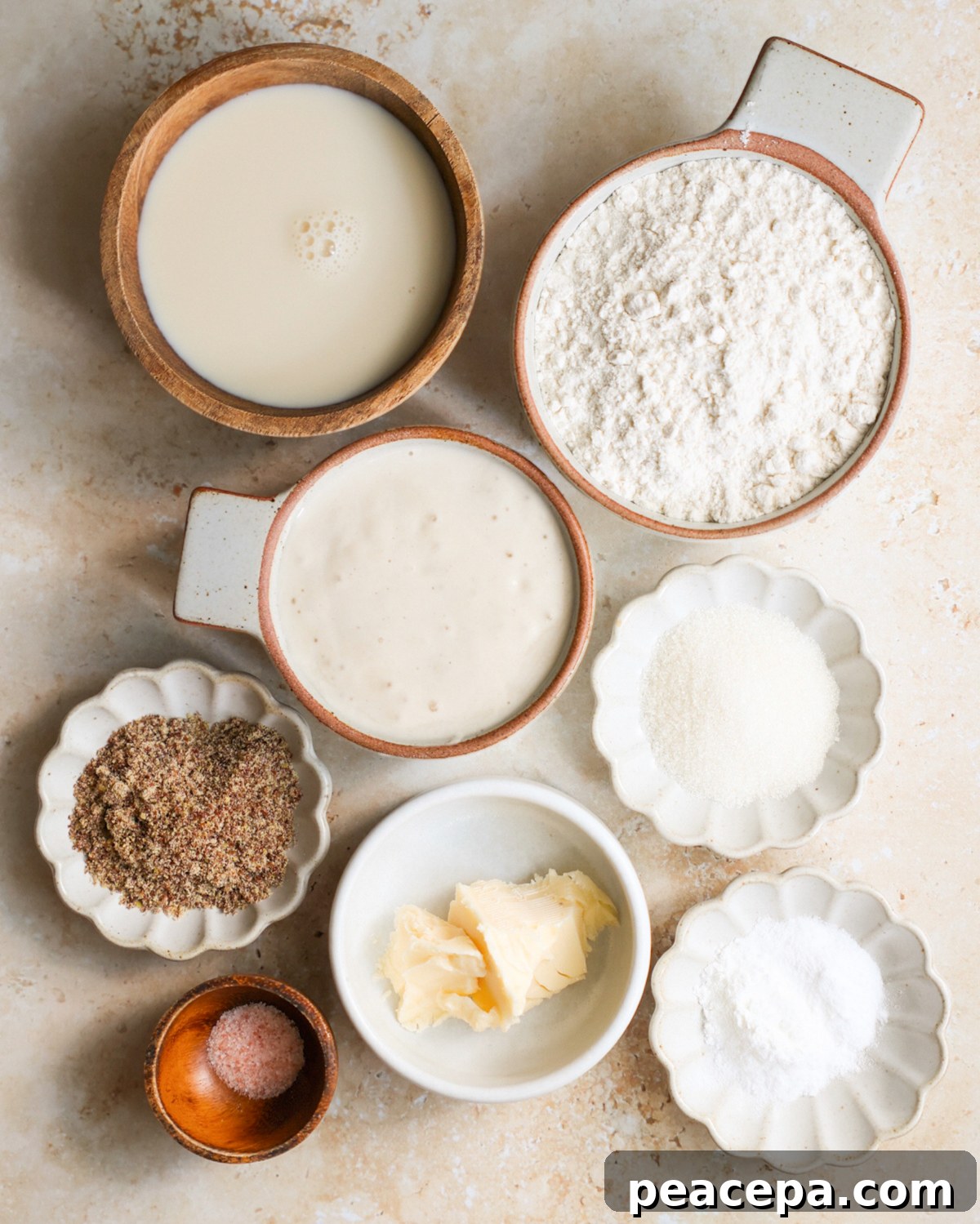 An overhead shot of the ingredients for sourdough discard pancakes on the counter.