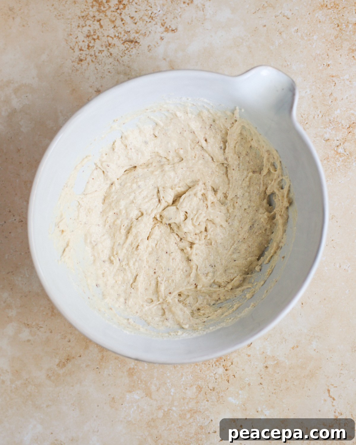 An overhead shot of the sourdough discard pancake batter after mixing.