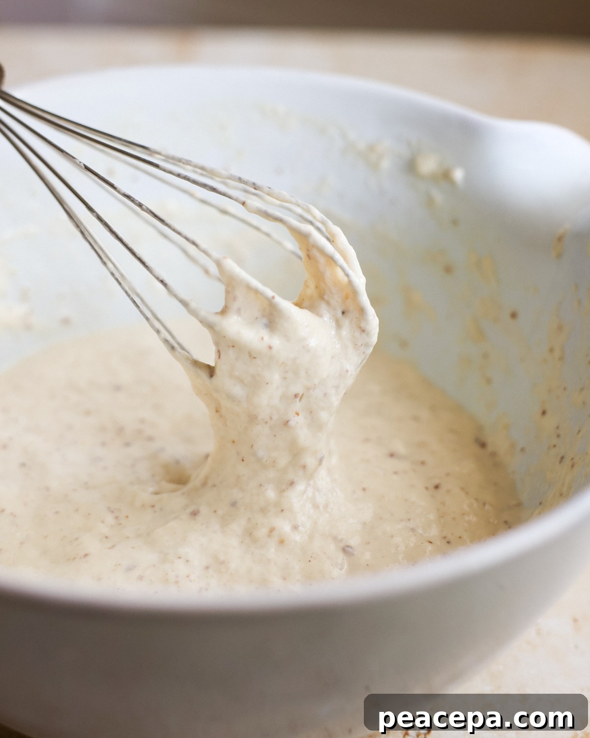 A close-up shot of the sourdough discard pancake batter dripping from a whisk into a mixing bowl.