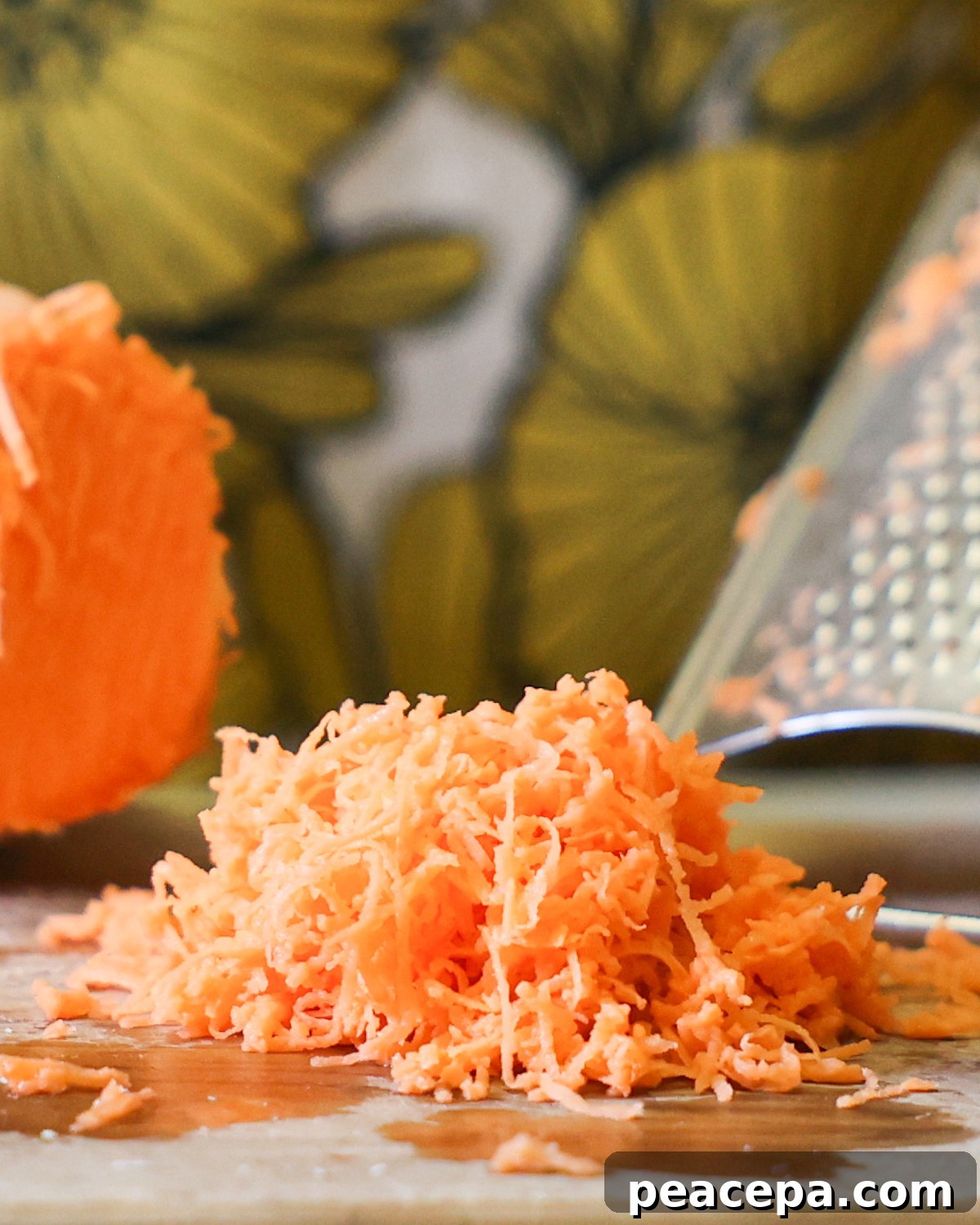 An up-close side shot of shredded sweet potato on a cutting board.