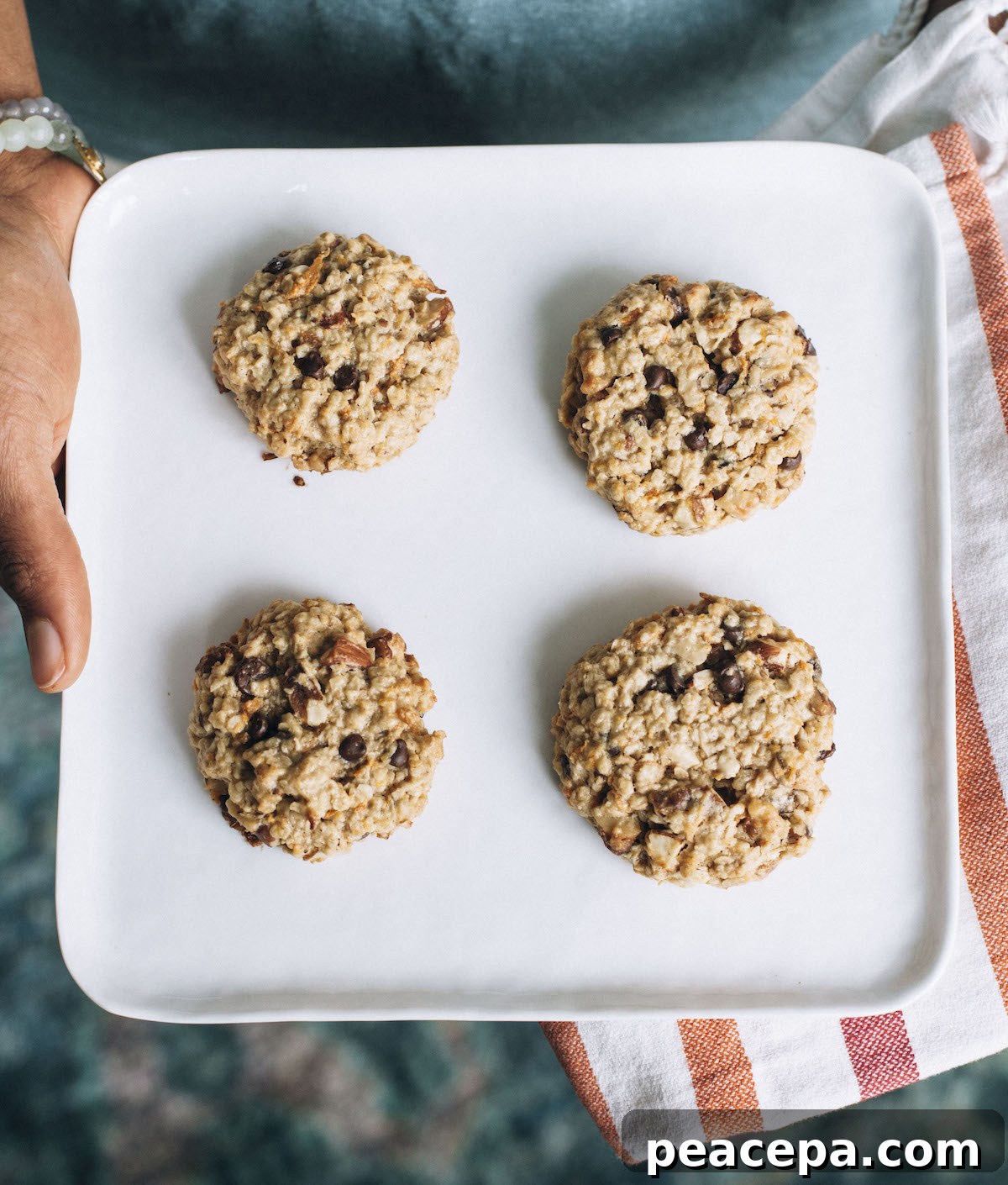 An overhead shot of a brown hand holding a white plate of tahini cookies chocolate chip cookies.