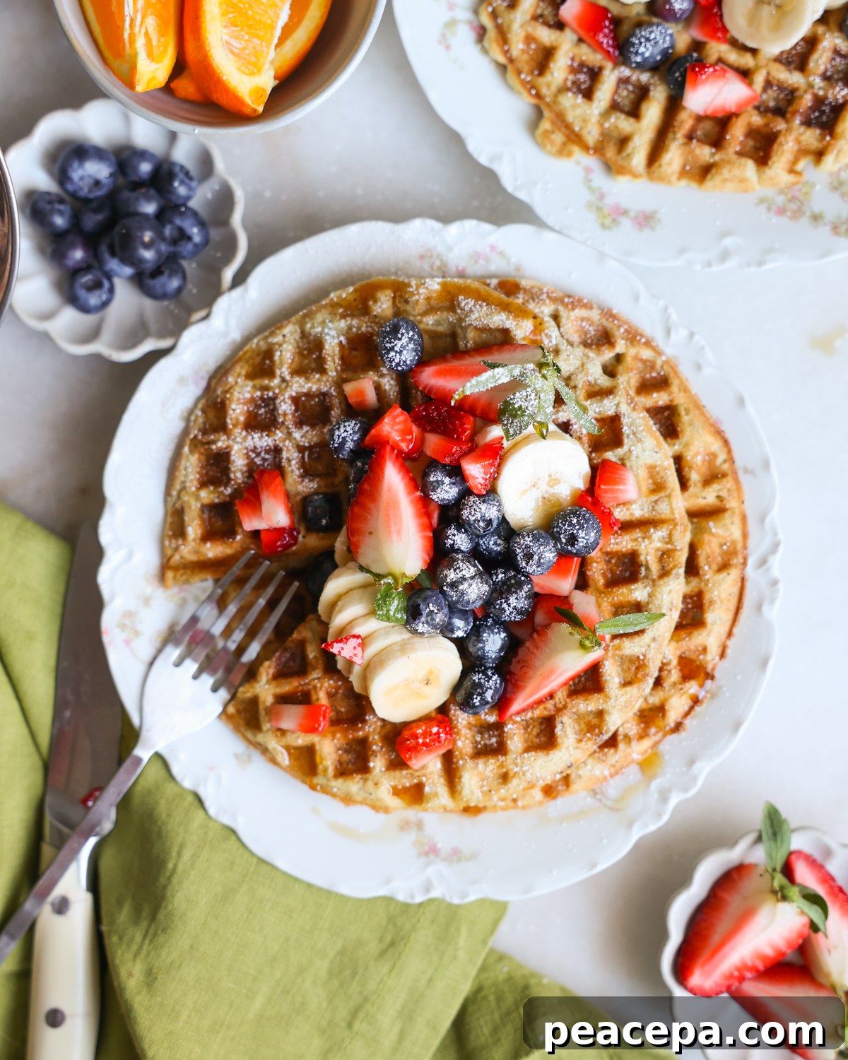 overhead vegan waffles with toppings