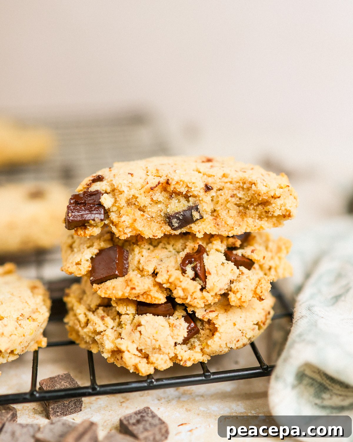 Stack of almond flour chocolate chip cookies.