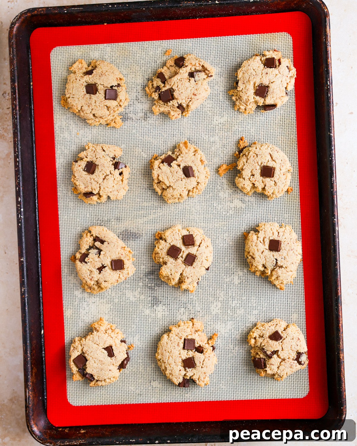 Vegan almond flour cookies on cookie sheet.