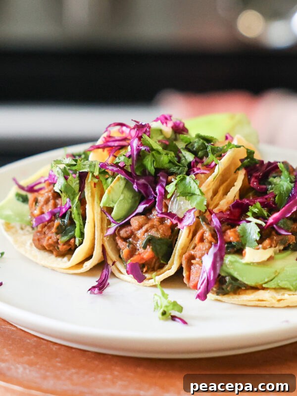 Colorful lentil tacos on a plate.