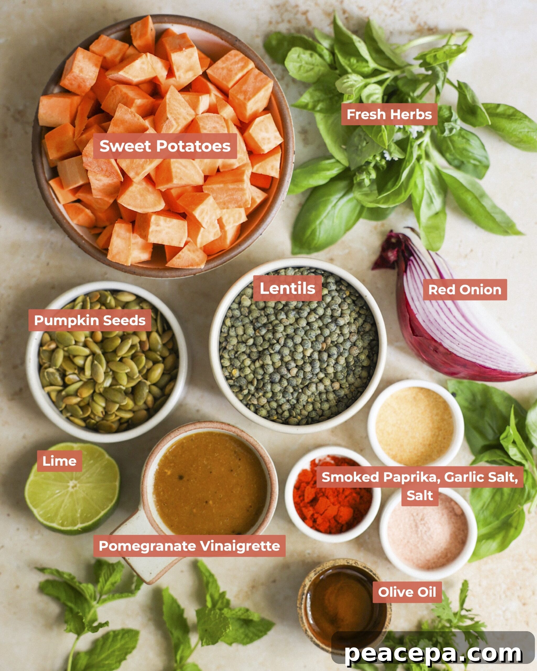 Labeled ingredients for sweet potato lentil salad.
