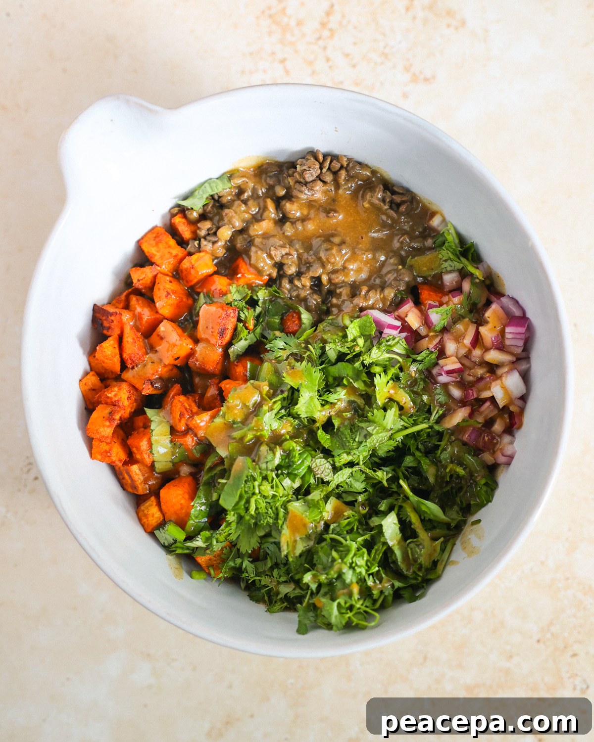Lentil salad ingredients in large bowl.